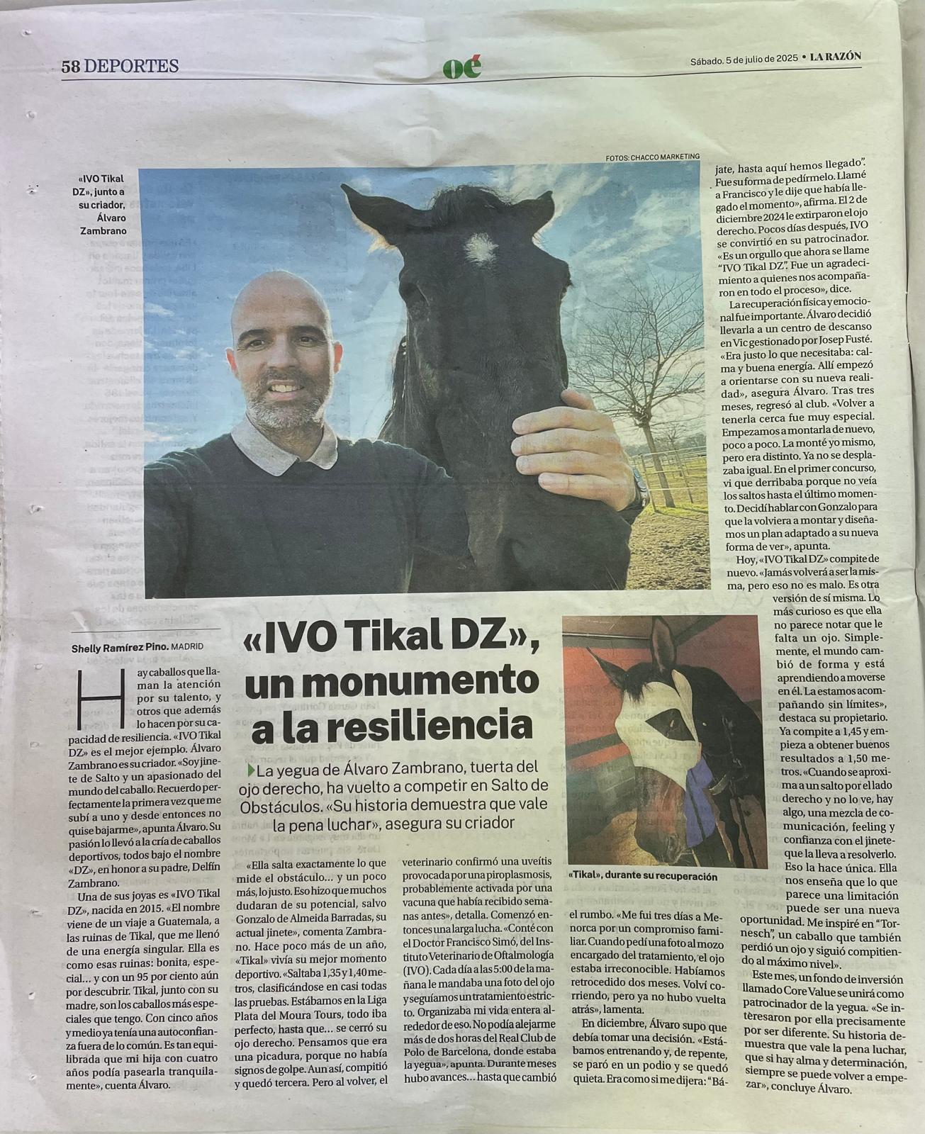 Página del diario La Razón con el artículo sobre IVO Tikal DZ, que destaca su recuperación ocular y regreso a la competición, junto a una foto de su criador Álvaro Zambrano.